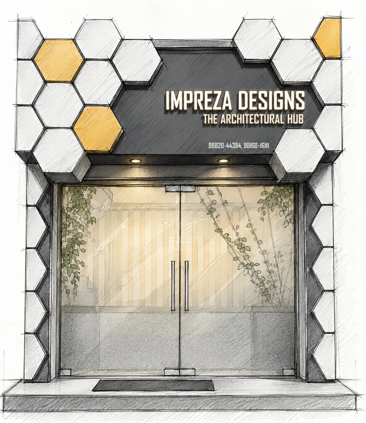 Sketch of the Impreza Designs studio front with its hexagon façade